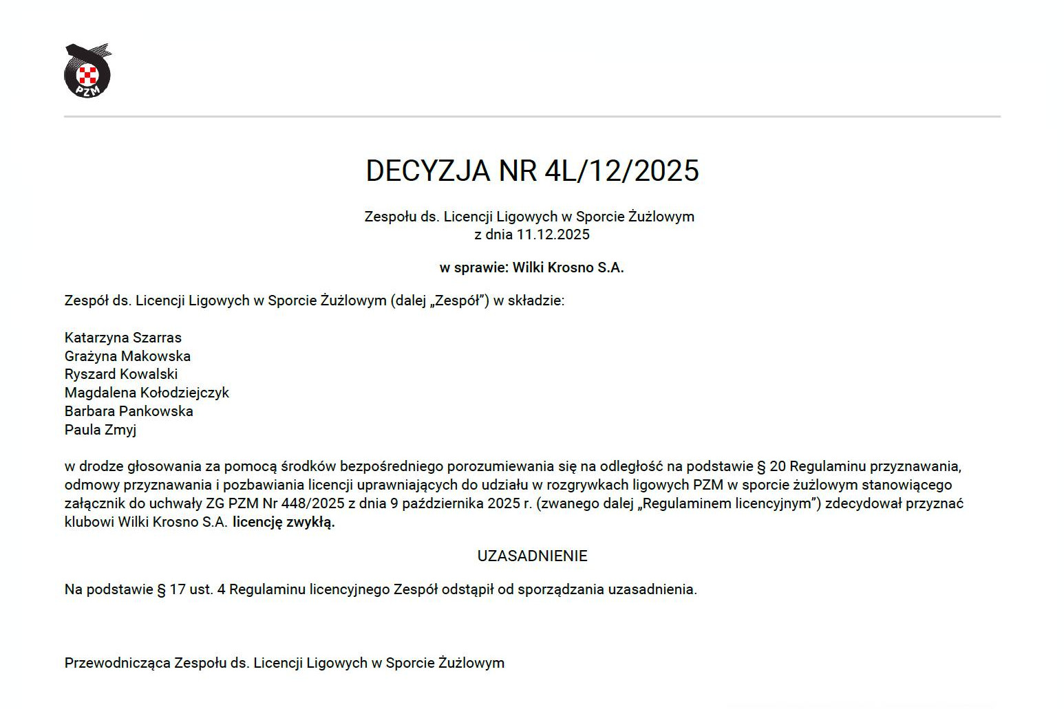 Wilki Krosno z licencją zwykłą na sezon 2026